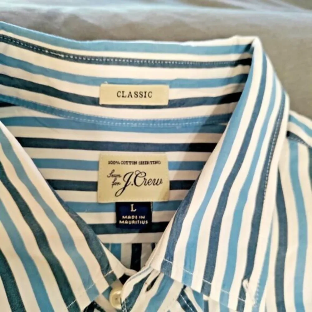 J. Crew Classic Men L Blue/White Stripe Long Sleeve Career Work Travel Y2K Shirt